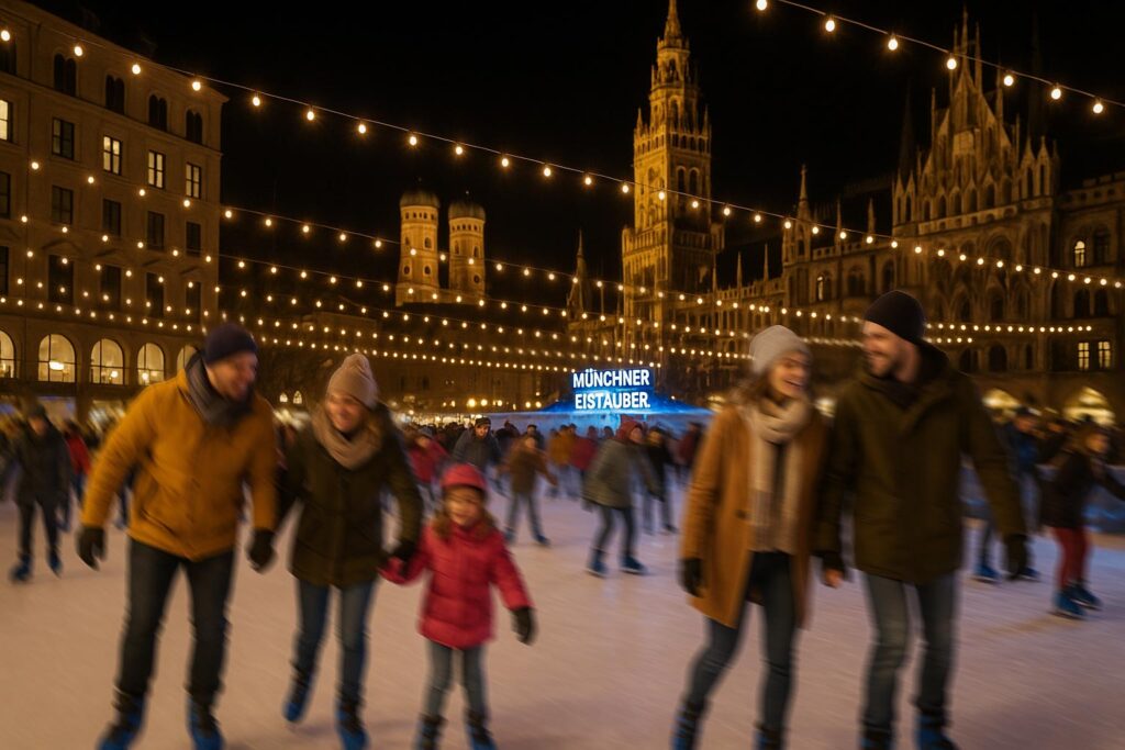 women and men ice skating at night. Christmas time Karlsplatz/Stachus