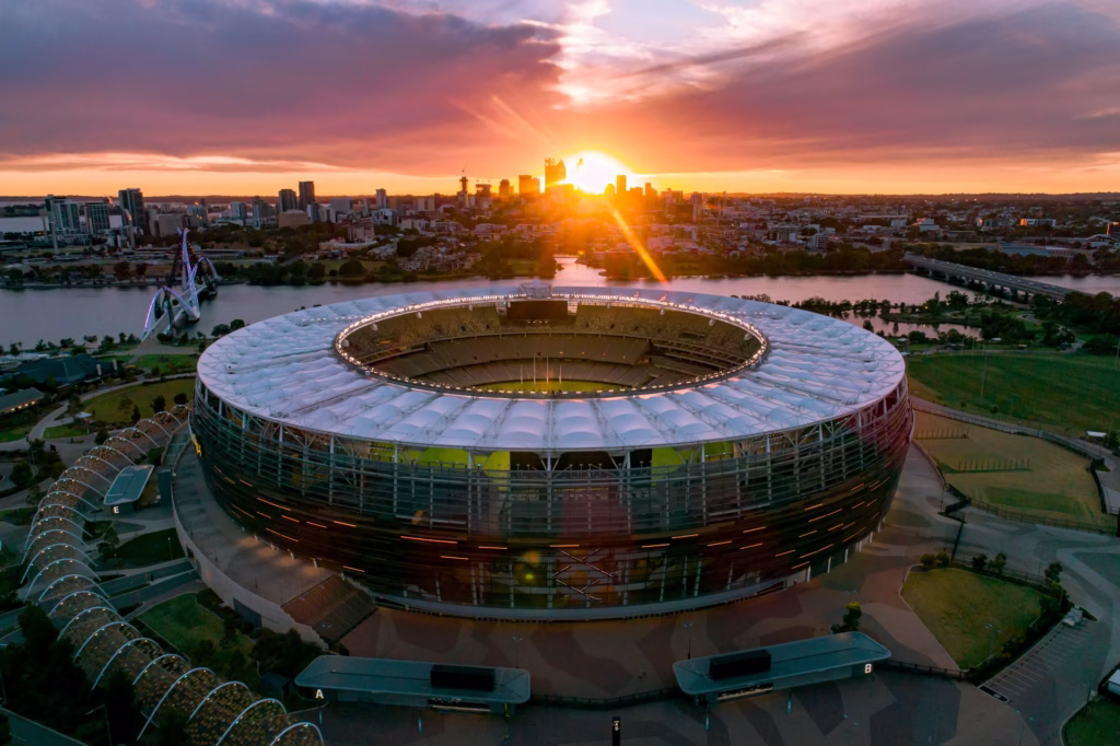 Perth Stadium and view to river at sunset