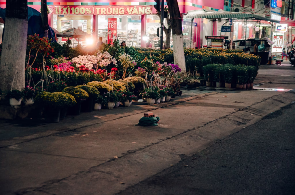 : Lunar New Year travel flower market with auspicious blooms